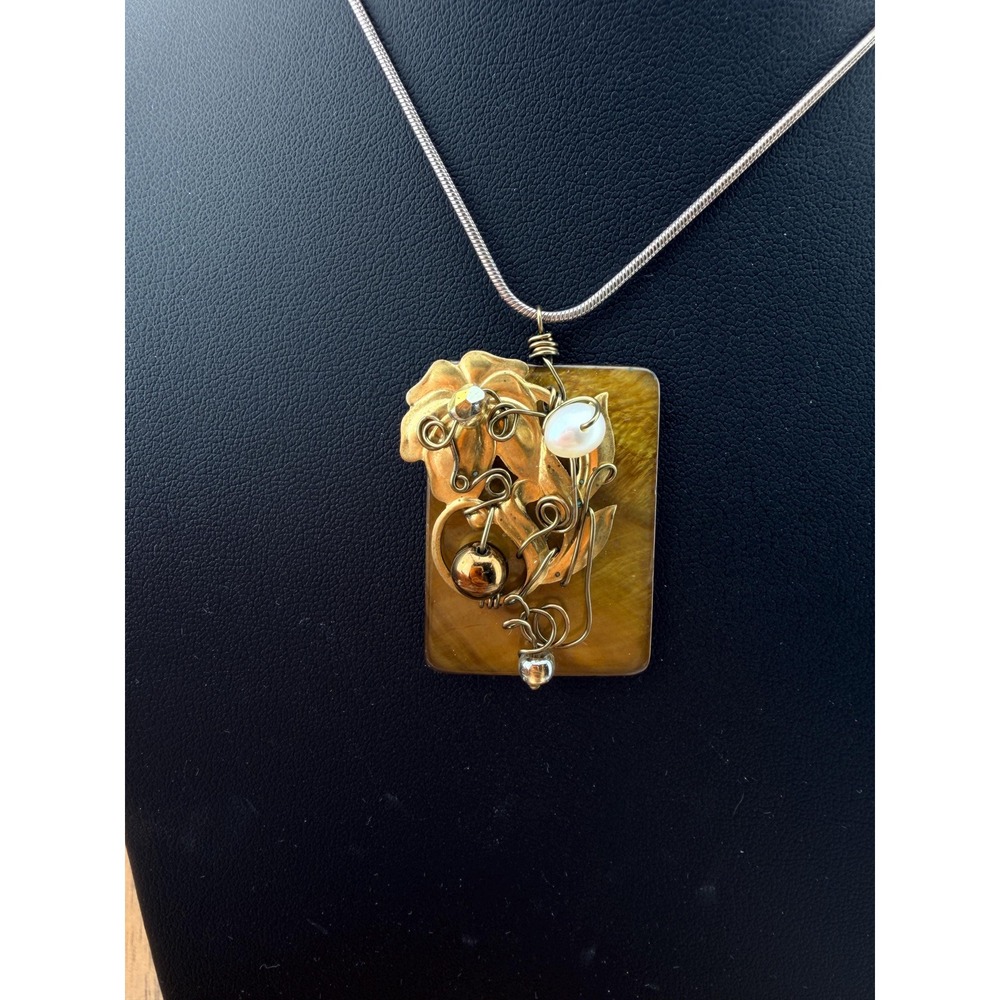 Vintage Artisan Wire Wrapped Tiger's Eye Pendant Necklace, Floral Brass & Pearl